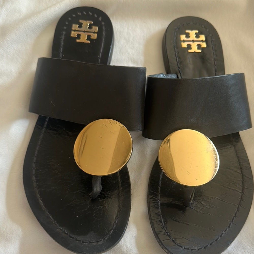 Tory Burch Black Sandals with Gold Accents